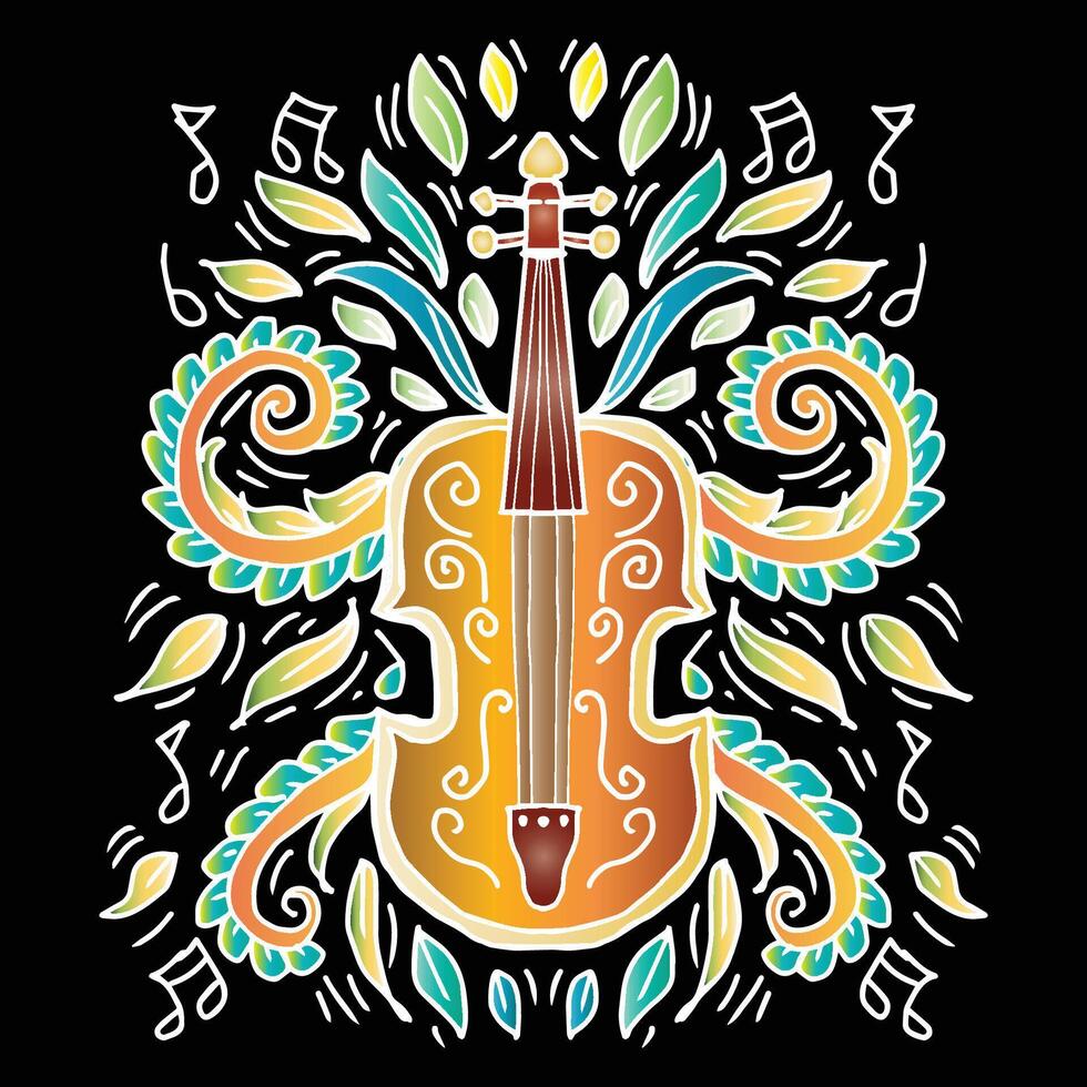 Hand drawn violin and mandala on black background. vector