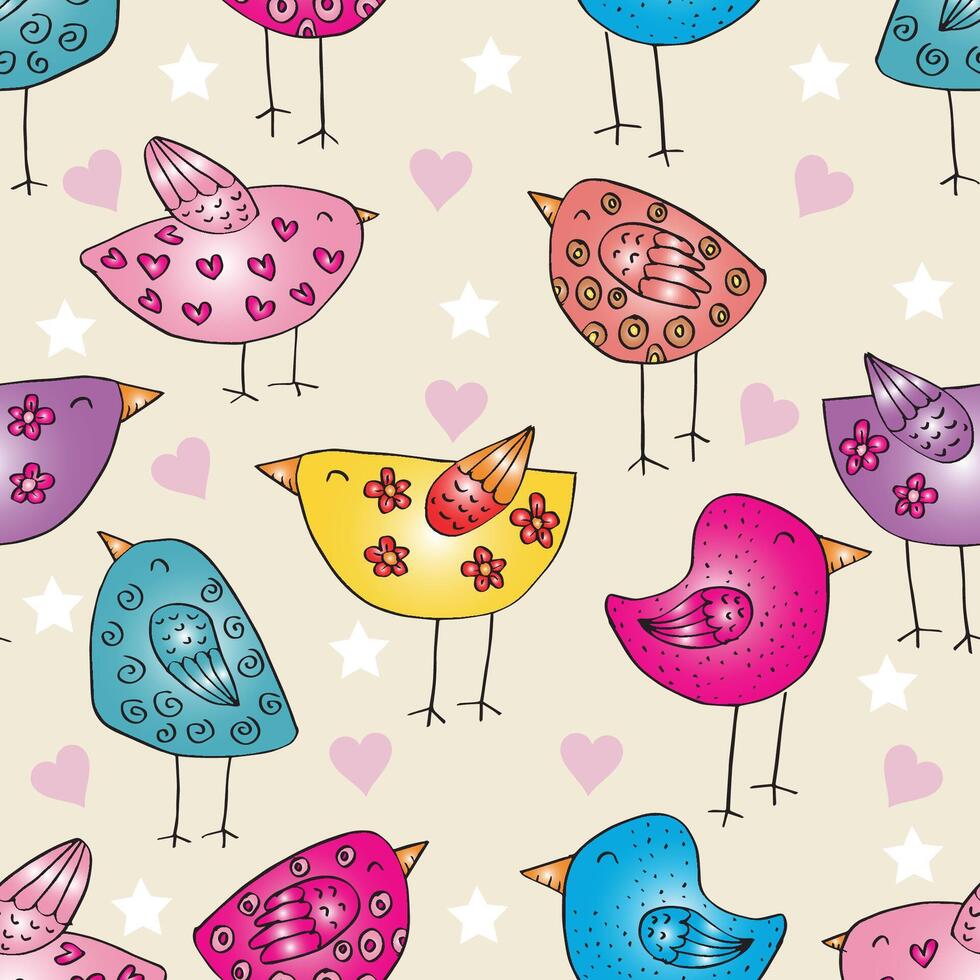 Seamless pattern with cute birds and hearts. vector