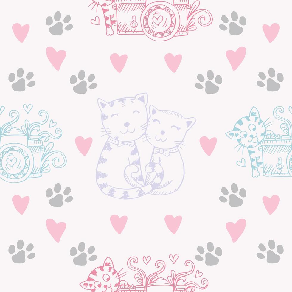 Seamless pattern hand drawn cats with heart and camera. vector