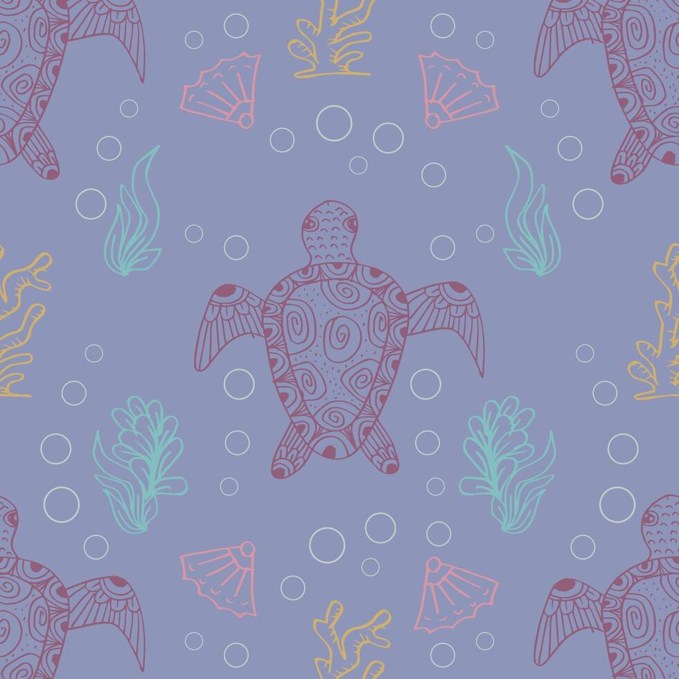 Seamless pattern with sea turtles and seaweed. vector