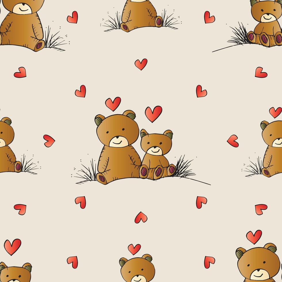 Seamless pattern with cute teddy bears and hearts. vector
