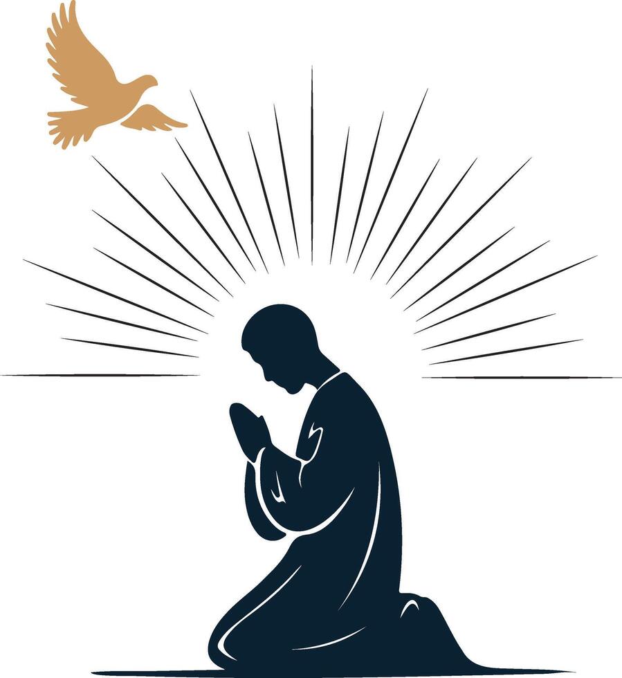 a silhouette of a man praying with a dove vector