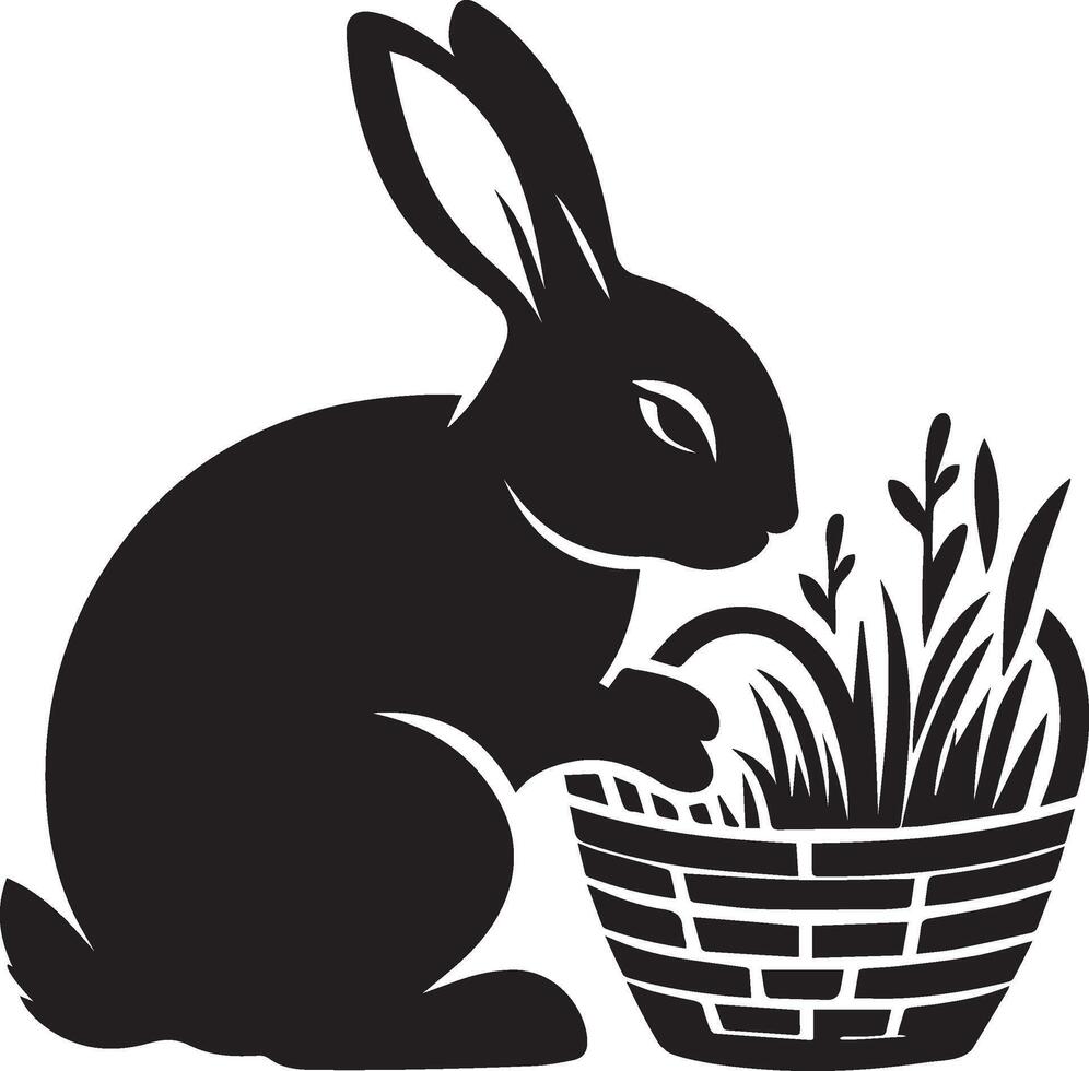 a black and white illustration of a rabbit eating grass vector