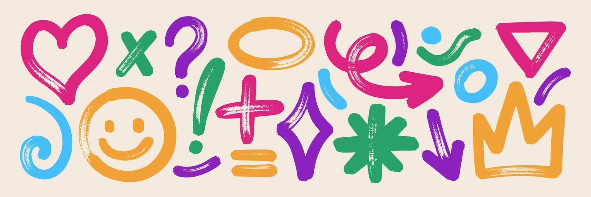 Set of hand drawn elements with brush, marker or crayon texture. Grunge heart, cross, emoji and asterisk for design. Retro illustration. vector