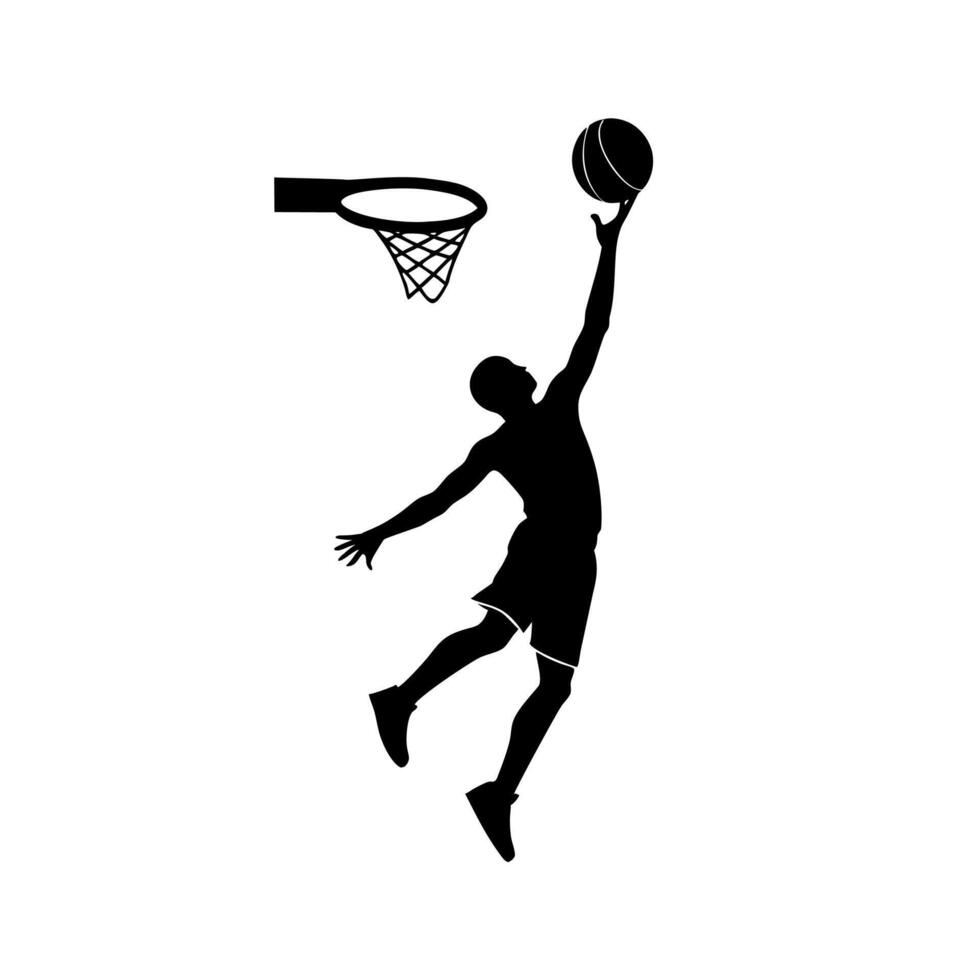 Silhouette of a basketball player dunking with power and agility. Perfect for apparel, branding, and digital designs. vector