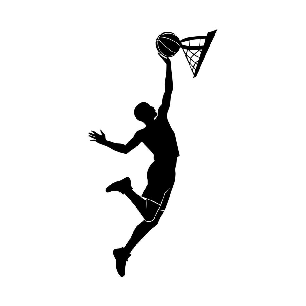 Silhouette of a basketball player dunking with power and agility. Perfect for sports posters, apparel, branding, and digital designs. High-quality illustration. vector