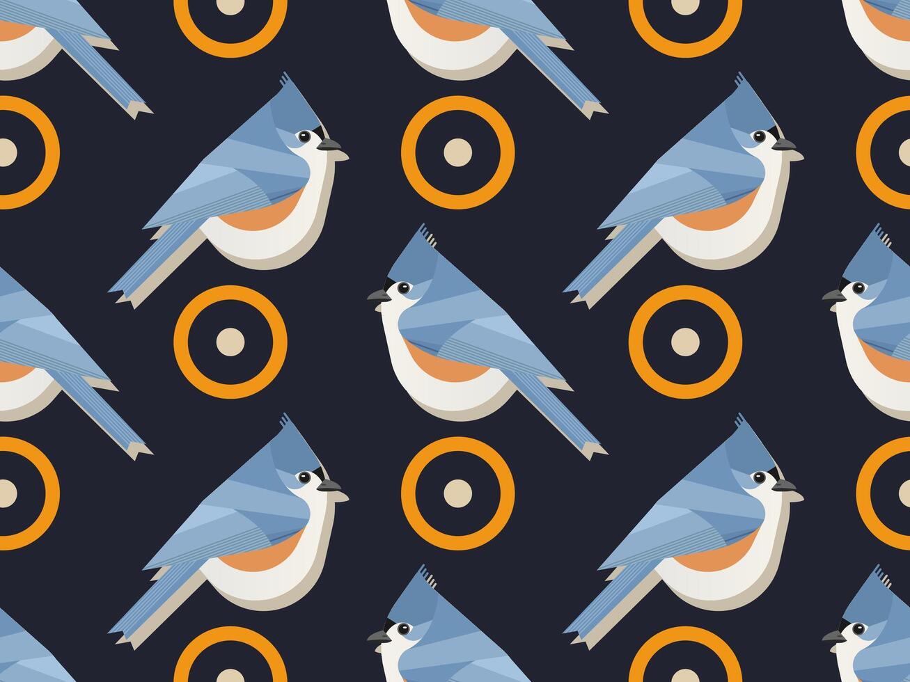 Seamless Pattern of Blue Birds and Geometric Circles, Flat Illustration vector