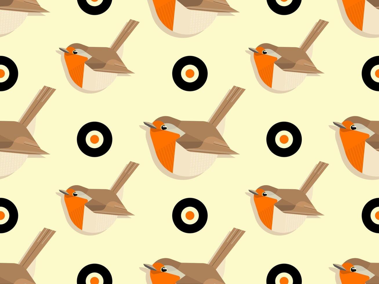 Seamless Pattern of Cute Robins Bird and Geometric Circles, Flat Illustration, vector