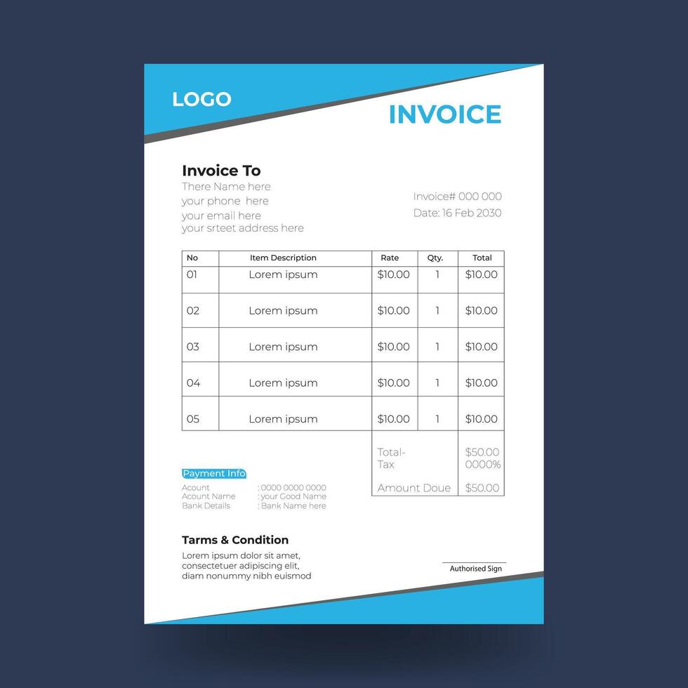 Modern Invoice design template with blue and black color vector