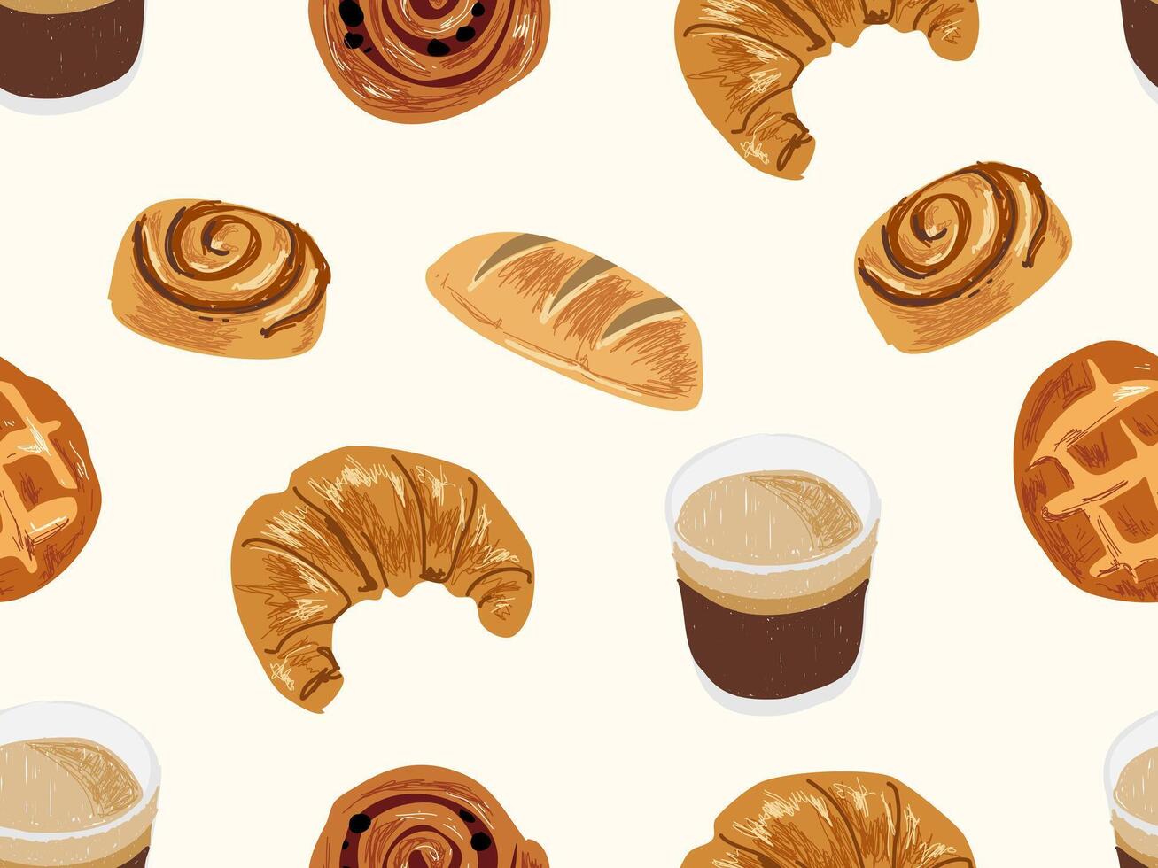 Bakery Delight A Seamless Pattern of Delicious Pastries and Coffee, background, wrapping paper, fabric pattern, wallpaper illustration vector