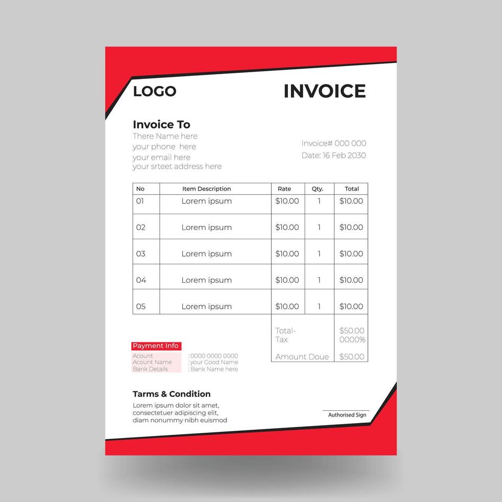 Clean Invoice design template with red and black color vector