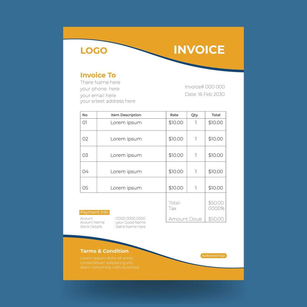 Professional Invoice design template with yellow and black color vector