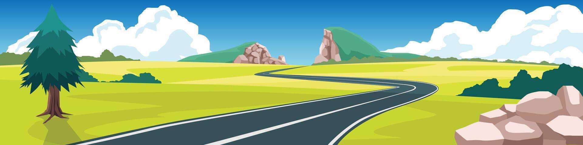 Stylized landscape with a winding asphalt road leading into the distant. Hills for background under fluffy white clouds dot a bright blue sky above rolling green hills. vector