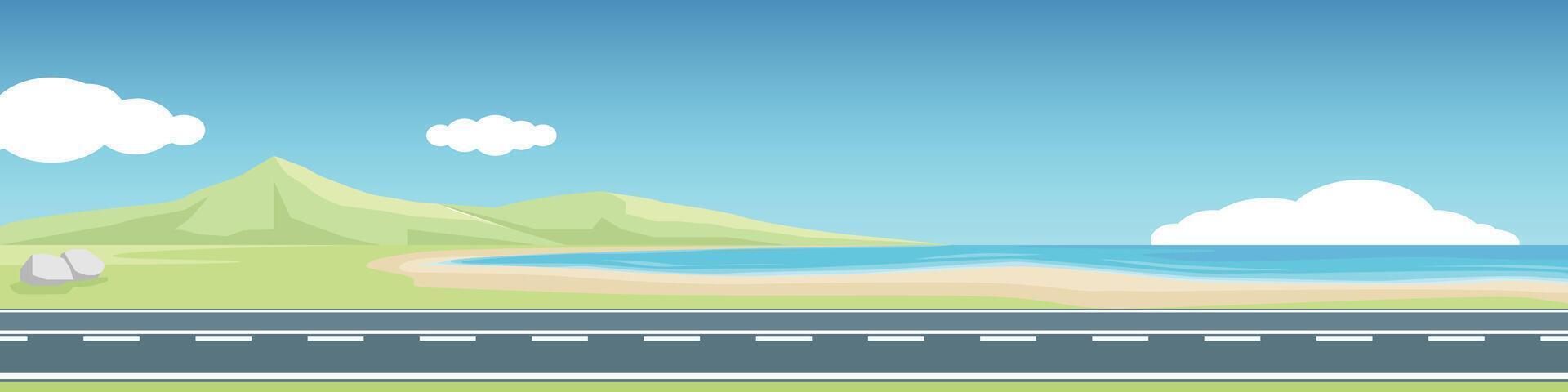 Horizontal or Lanscape view of asphalt road. A long road cuts through the beach. Open grasslands reveal the distant mountains clearly. Under clear sky and white clouds. vector