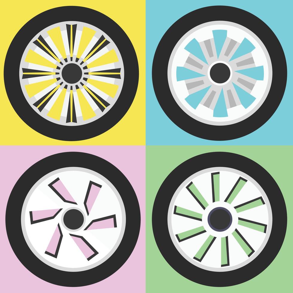 Icon of grid of four stylized car wheels each with a unique spoke design and color scheme. The wheels are set against contrasting square backgrounds creating a bold. vector