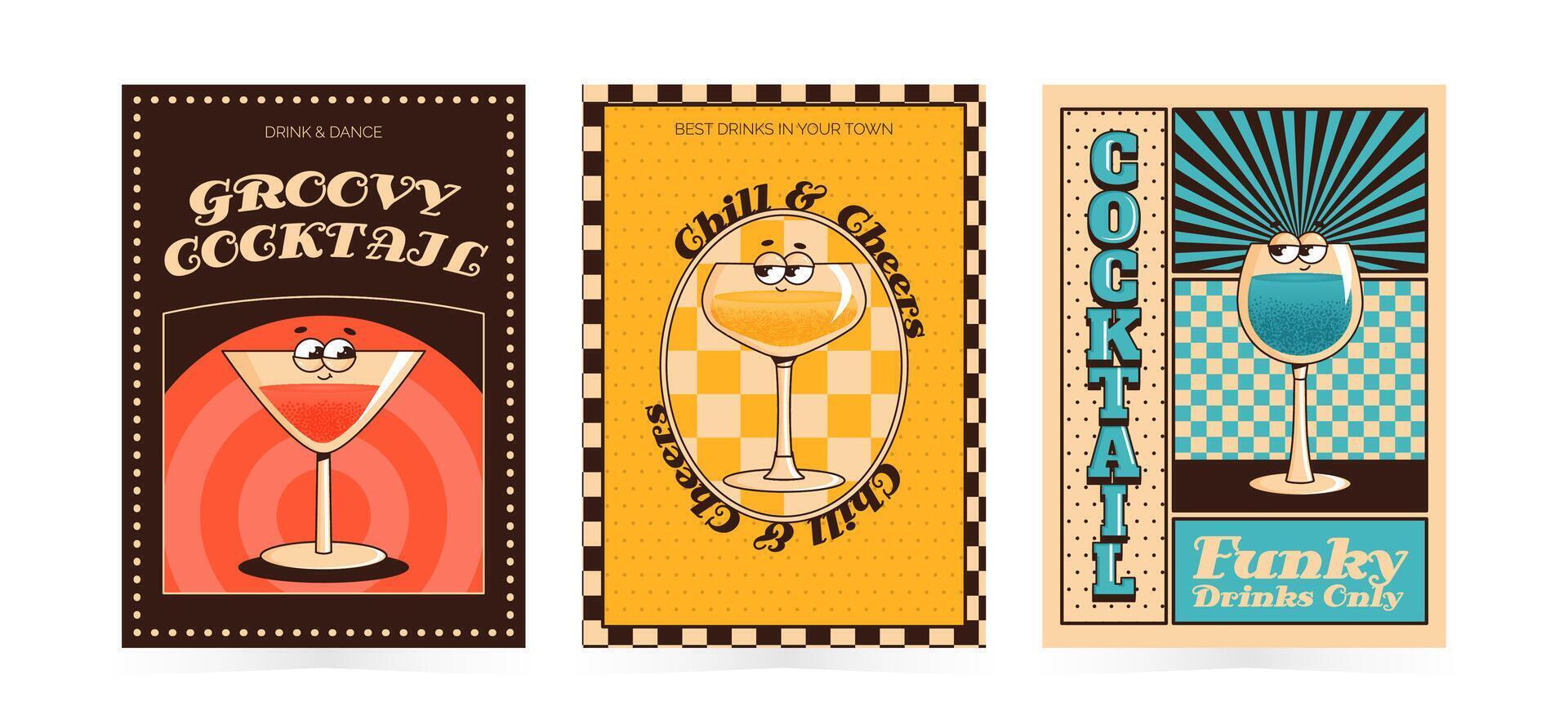 Groovy character cocktails. Set retro poster, flyer with alcoholic or nonalcoholic drinks. Vintage illustration 70s, 80s style for cafe, bar, lounge vector