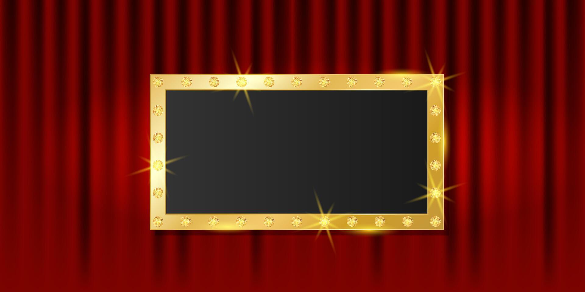 Vip banner with golden rectangle emblem. Red draped curtain background. Premium illustration for club, casino, party, show, interior design, event decoration, circus vector