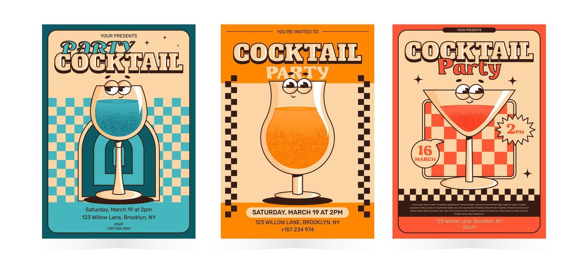 Groovy character cocktails. Set retro party invitation poster, flyer with alcoholic or nonalcoholic beverage. Vintage illustration for cafe, bar, pub vector