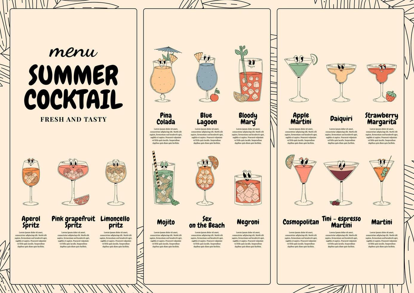 Retro groovy summer cocktail characters. Menu with cute alcohol beverage martini, aperol spritz, margarita and other. illustration for bar, pub, club, cafe vector