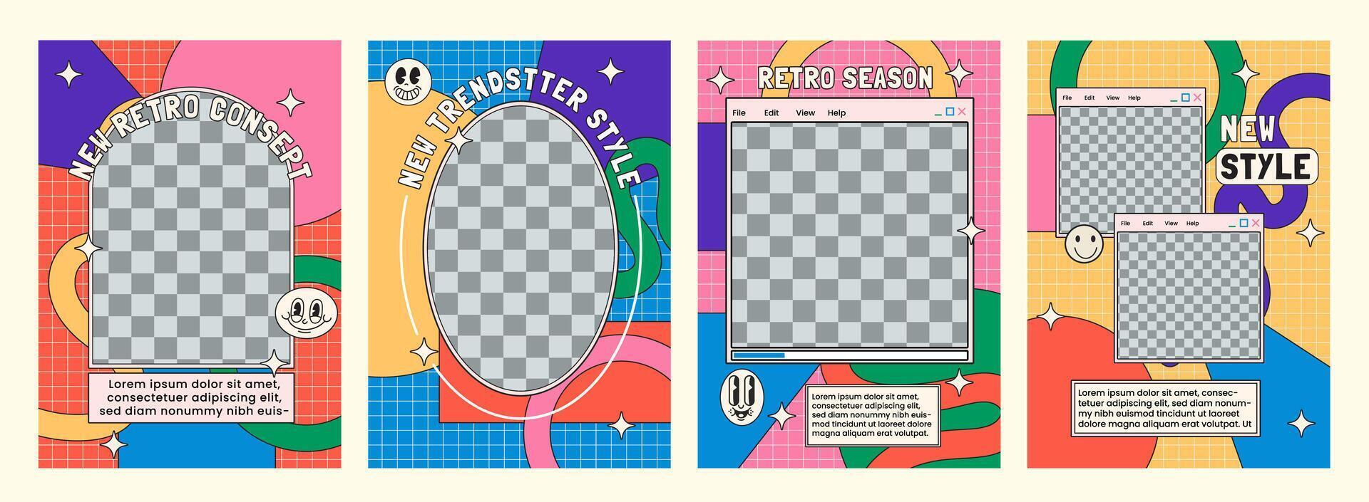 vintage abstract 80s groovy pop art social media post design set vector