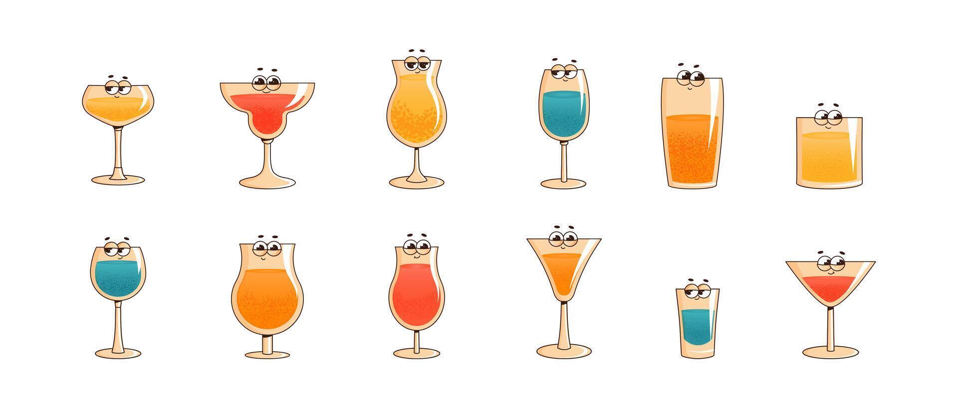 Set retro groovy characters cocktail. Funky alcoholic or nonalcoholic drink. Vintage illustration 70s, 80s style on white background for pub, bar, cafe, restaurant vector