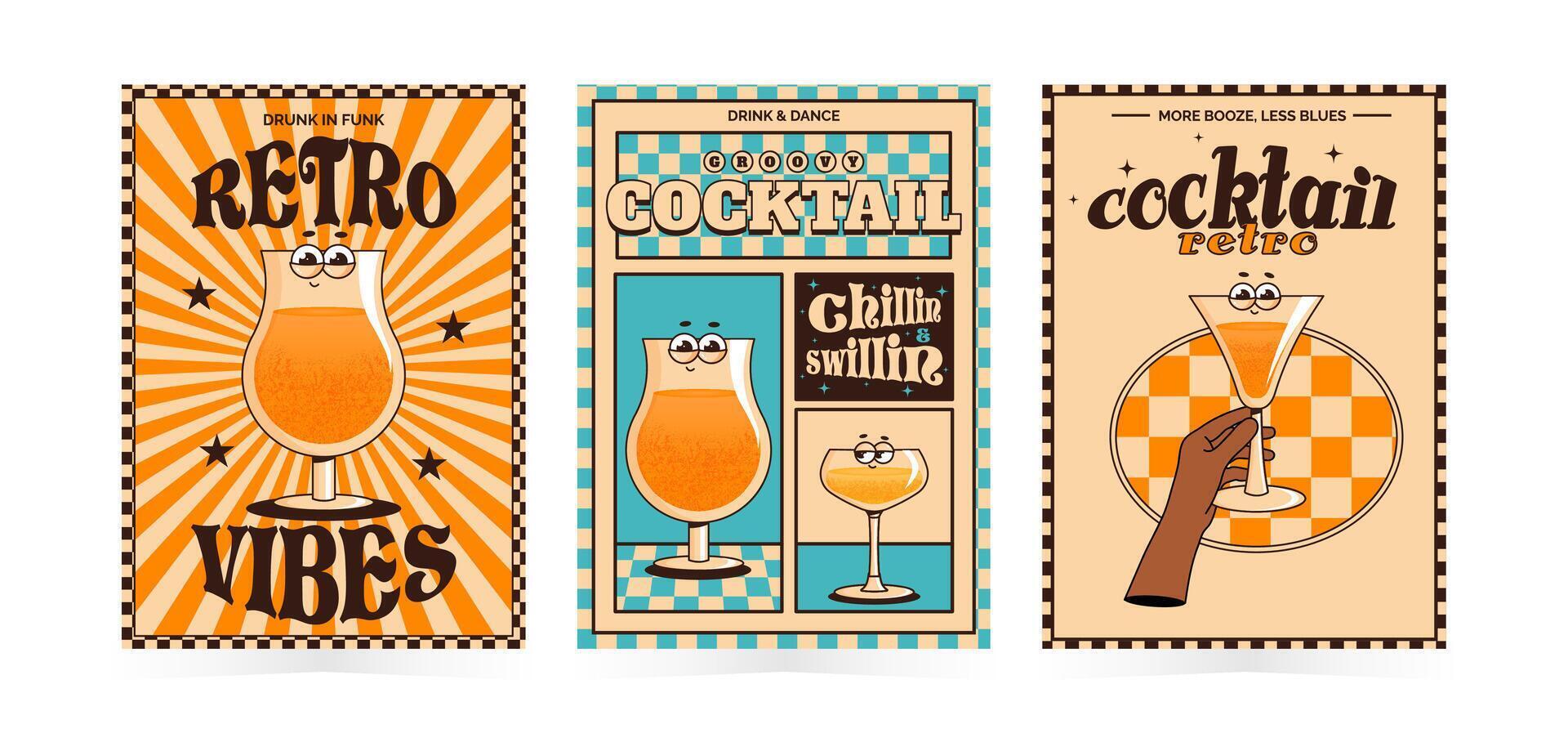 Groovy character cocktails. Set retro poster, flyer with alcoholic or nonalcoholic drinks. Vintage illustration 70s, 80s style for cafe, bar, pub vector