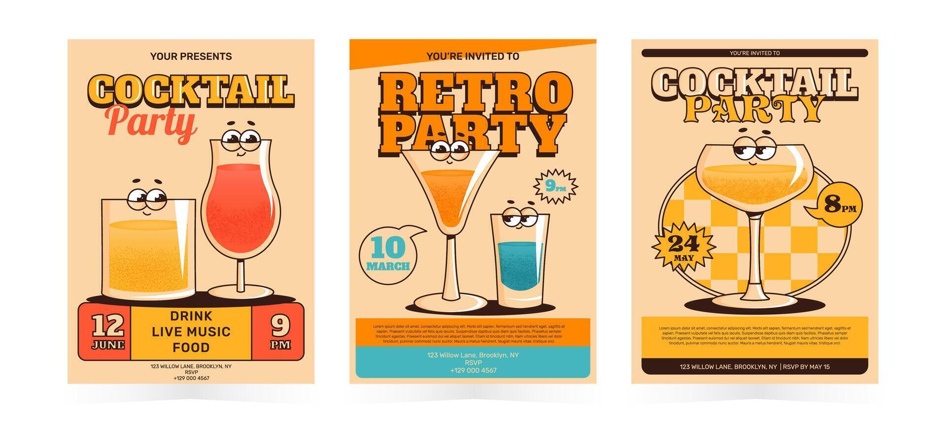 Groovy character cocktails. Set retro party invitation poster, flyer with alcoholic or nonalcoholic drinks. Vintage illustration for cafe, bar, pub vector
