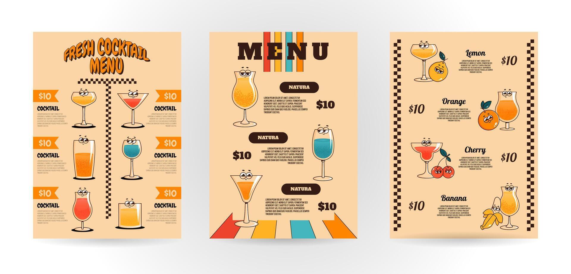Retro groovy character summer drinks. Cocktail menu with cute beverage in glasses. design set for pub, cafe, club, restaurant vector