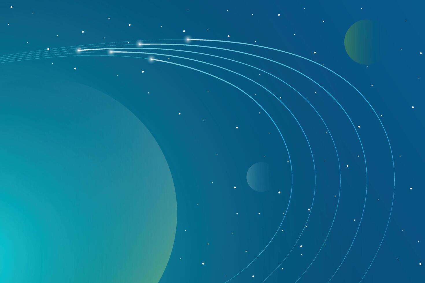 Light techno planets in space with cyber light trails. Circuit line technology digital on a blue background. Internet network connection, speed transfer data communication, cyber nano information. vector