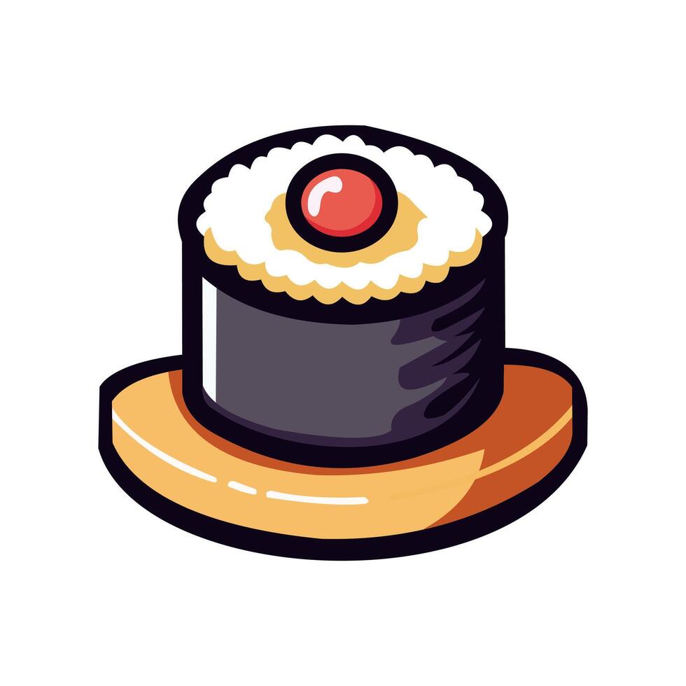 a sushi illustration featuring salmon nigiri, maki rolls, chopsticks, and sparkles in a flat style. vector
