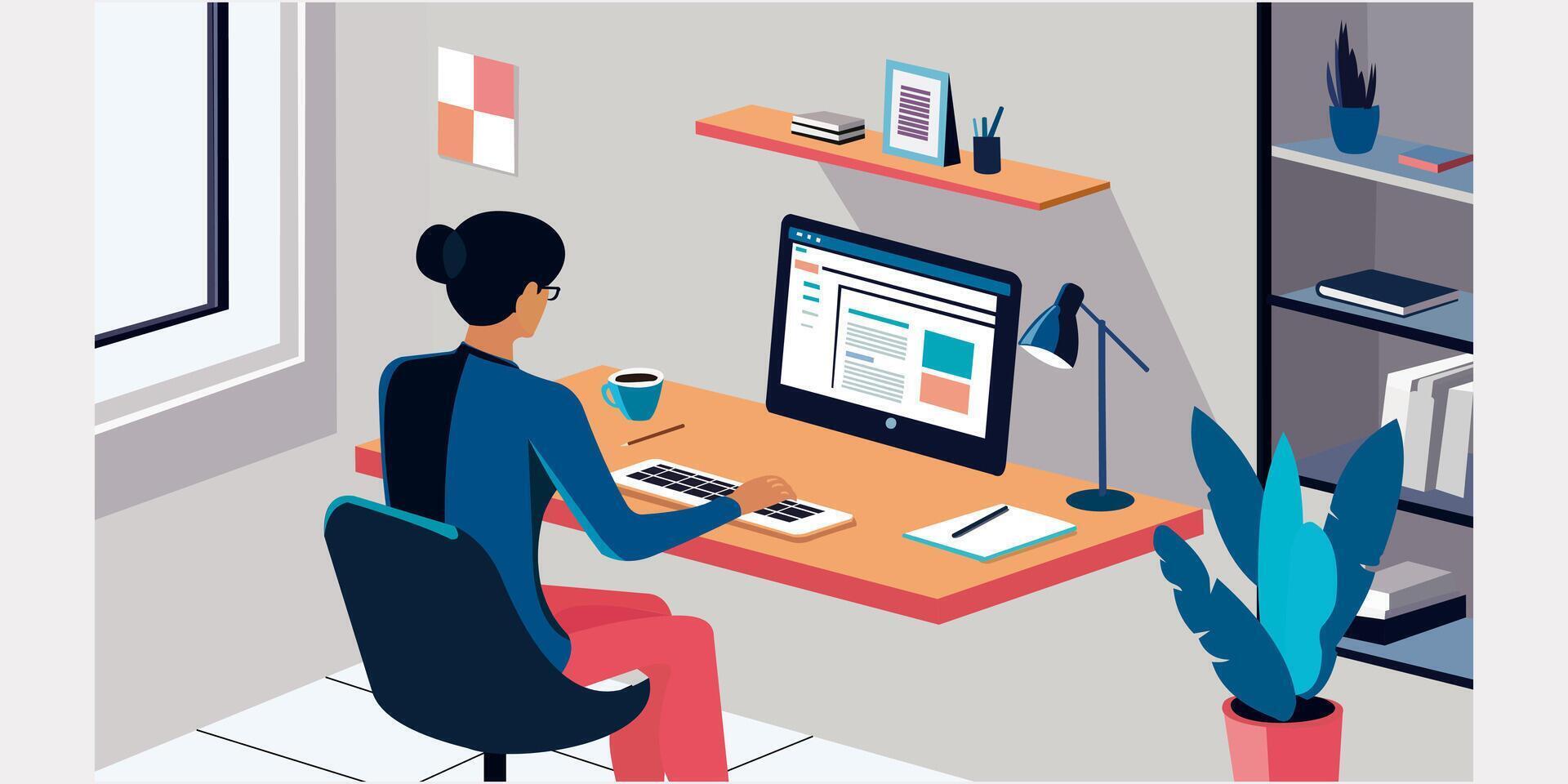 a person sitting at a desk with a computer vector