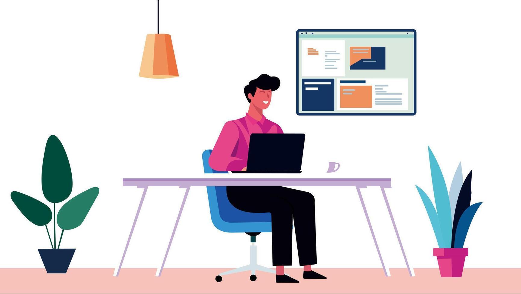 a woman sitting at a desk with a laptop vector