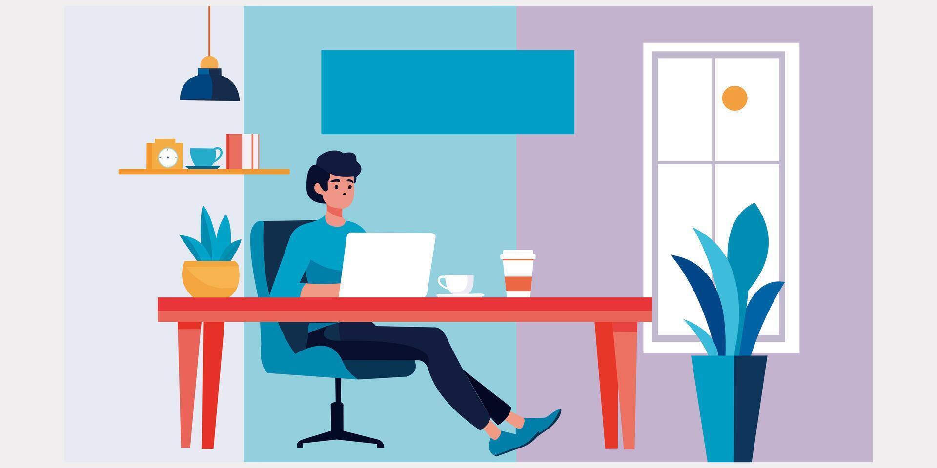 a freelancer man sitting at a desk with a laptop vector