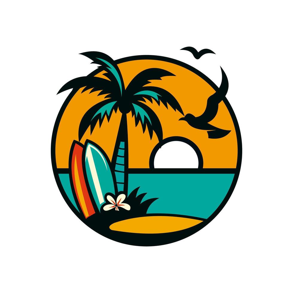 tropical beach scene with a circular composition featuring a sunset, palm trees, two surfboards, a hibiscus flower, and flying seagulls. vector