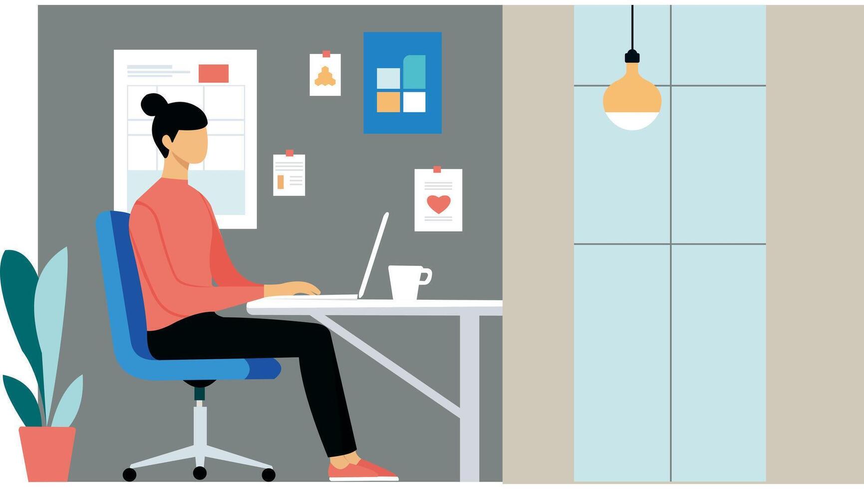 a worker woman sitting at a desk with a laptop vector