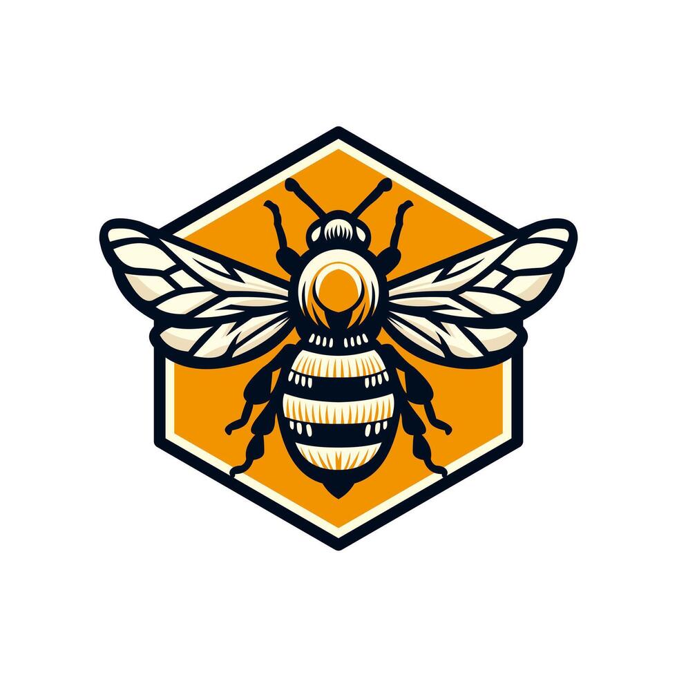 A detailed illustration of a bee with wings spread, placed over a hexagonal honeycomb background. vector