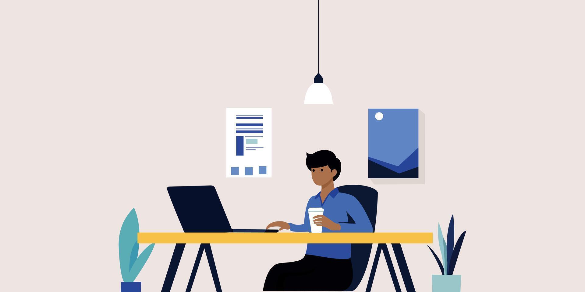 freelancer sitting at a desk with a laptop vector