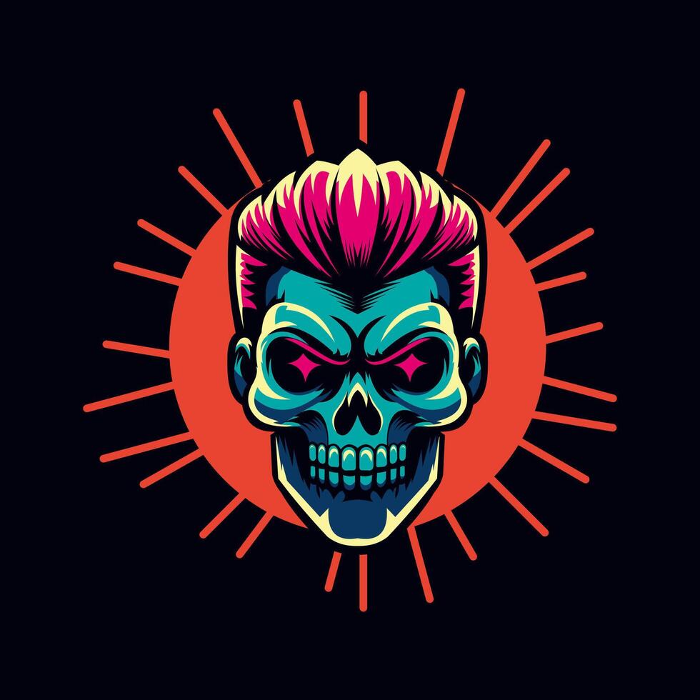 Neon-colored skull with slicked-back hair, glowing eyes, and a retro-futuristic punk aesthetic. vector