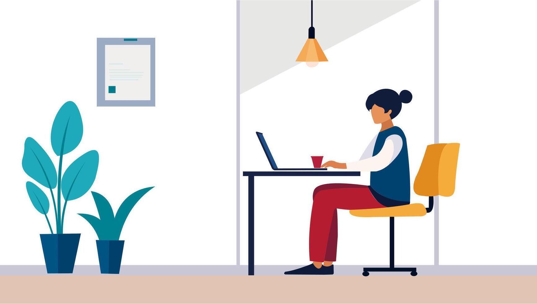 a woman is sitting at a desk with a laptop vector