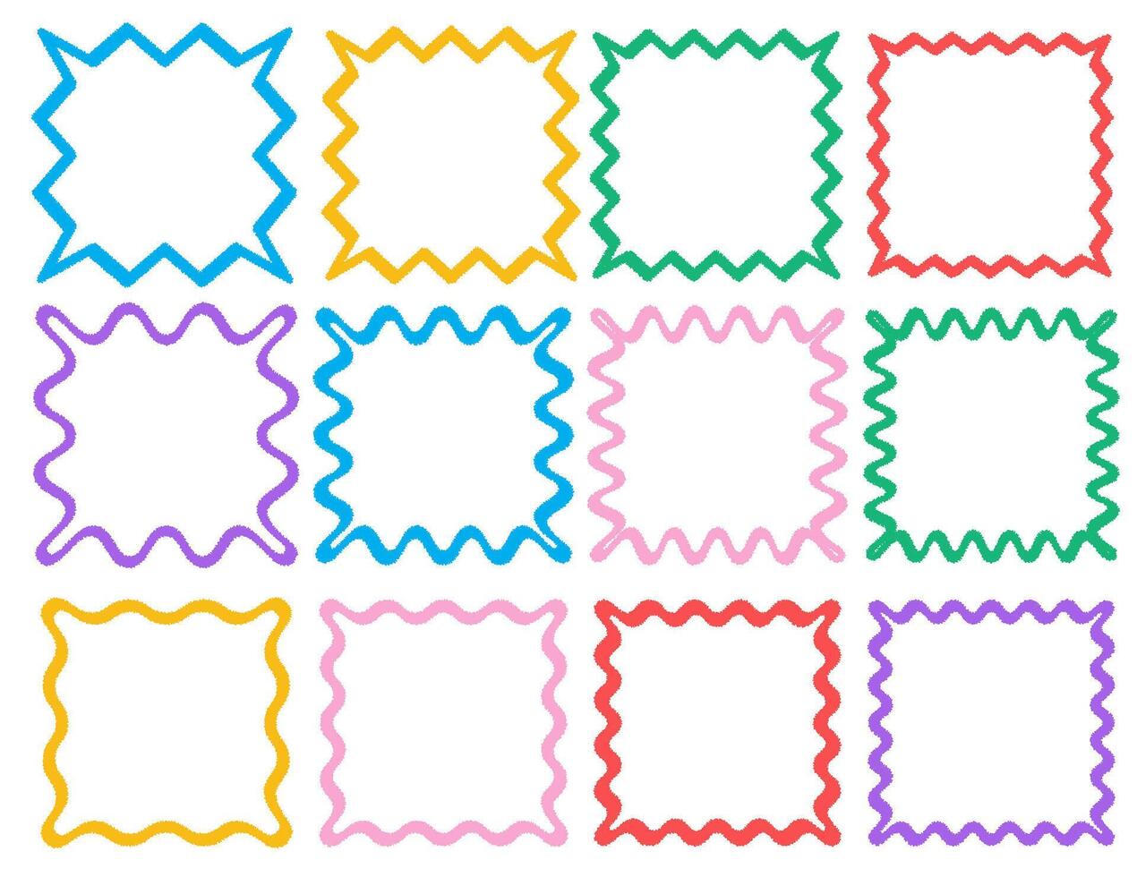 Set of colorful square wavy ink drawn frames. Zigzag wavy edges, psychedelic photo frames, text boxes, borders. Abstract elements for template, stickers, promo material, web or social media design. vector
