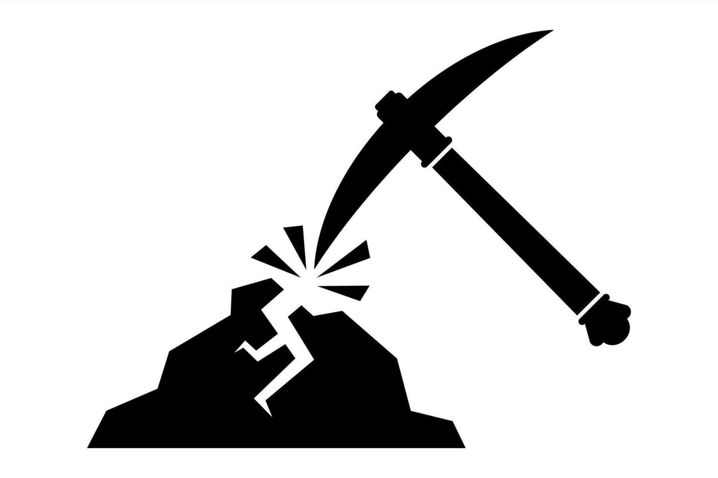 Black icon pickaxe extracts resources from rock. vector