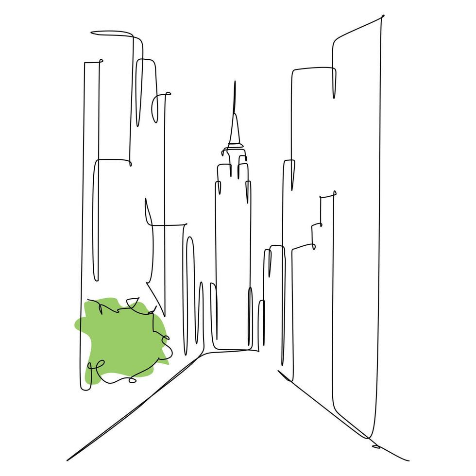 Minimalist line art city with green accent. Clean cityscape Empire State Building continuous line drawing, modern design. Ideal for branding, web, and prints in traveling theme vector