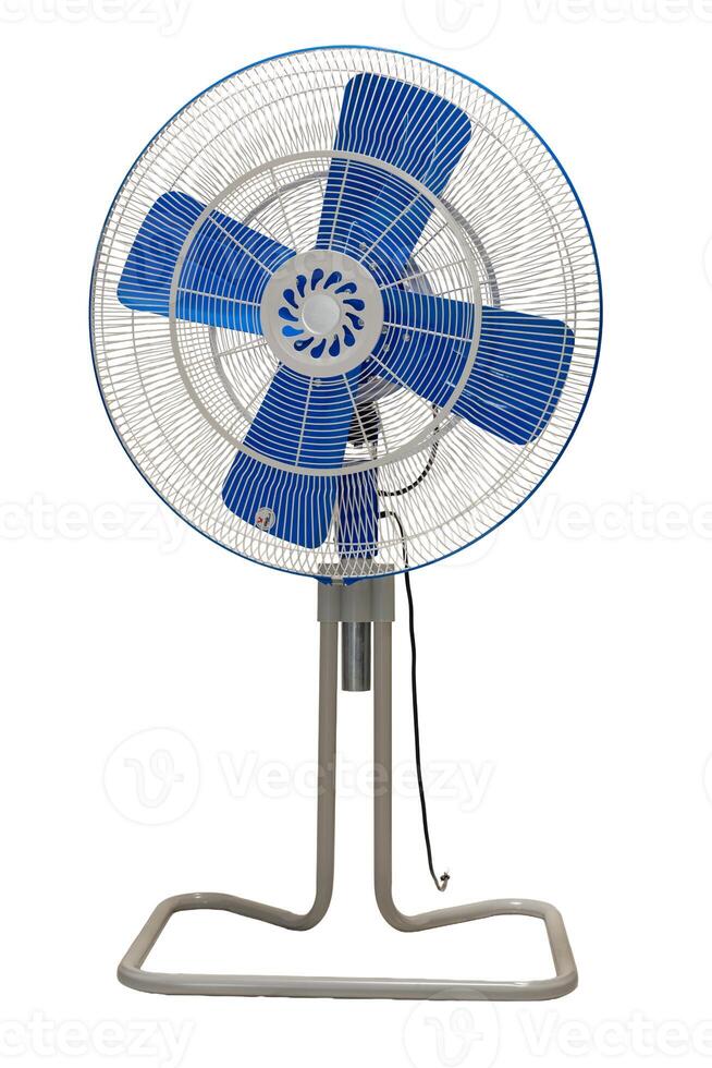 Front view of industrial electric fan with blue blades and sturdy base for efficient air circulation photo