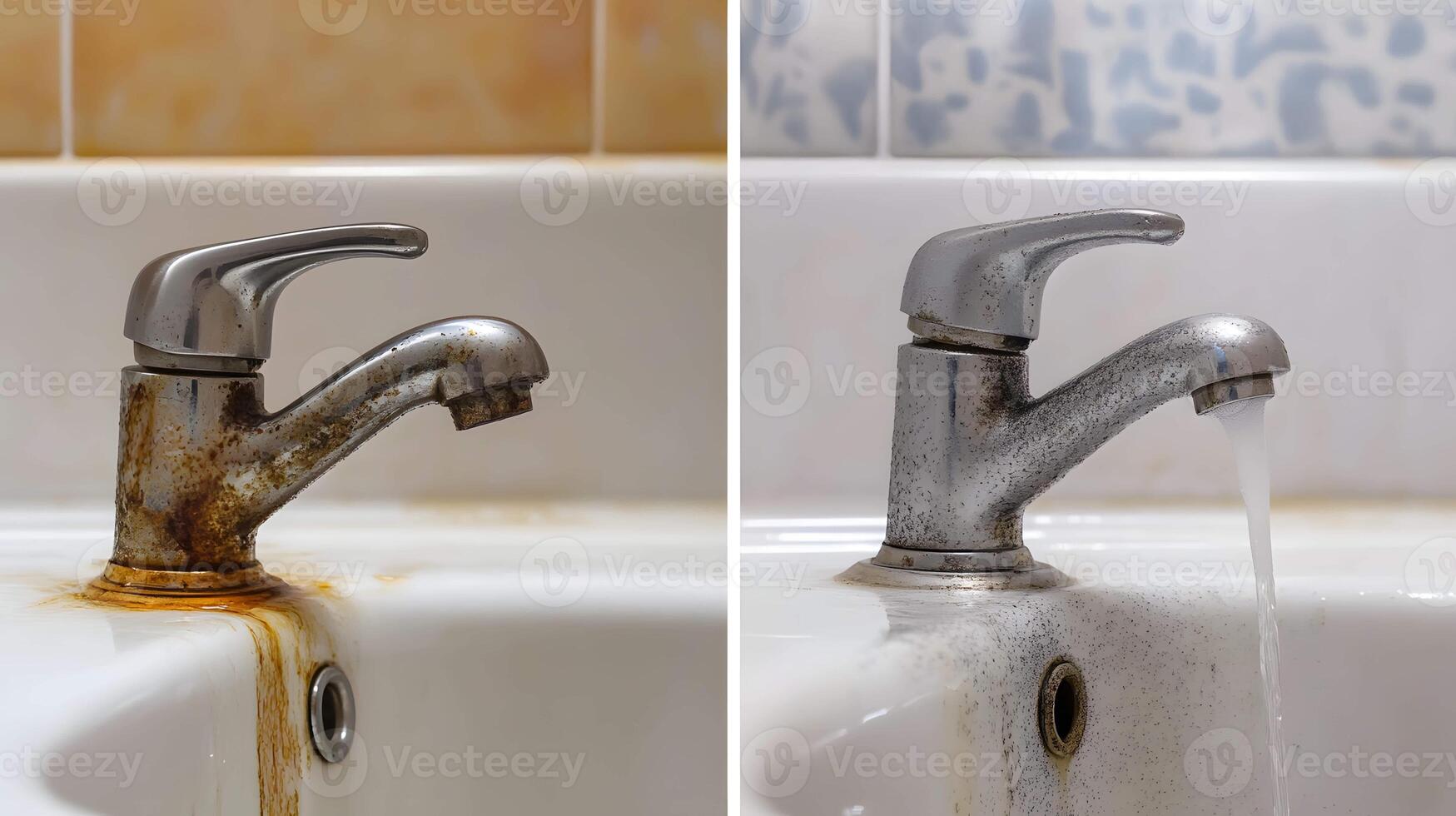 Before and After Cleaning a Stainless Faucet with Hard Water Stains photo