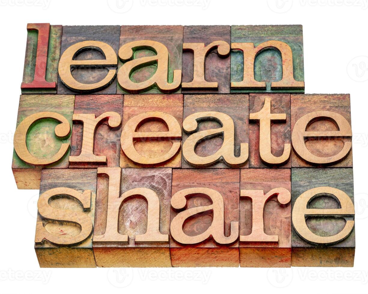 learn, create, share - isolated word abstract in wood type photo