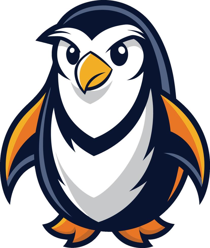 Stylized cartoon penguin logo, minimalist design, navy blue and white body, orange accents, determined expression vector