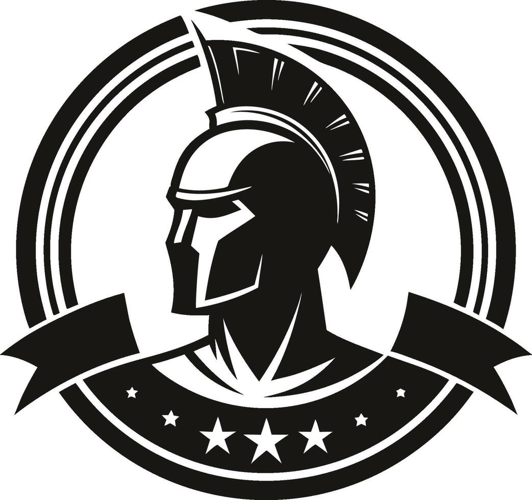 Ancient Greek warrior, Spartan helmet, profile view, black and white logo, circular emblem, banner with stars, minimalist design vector
