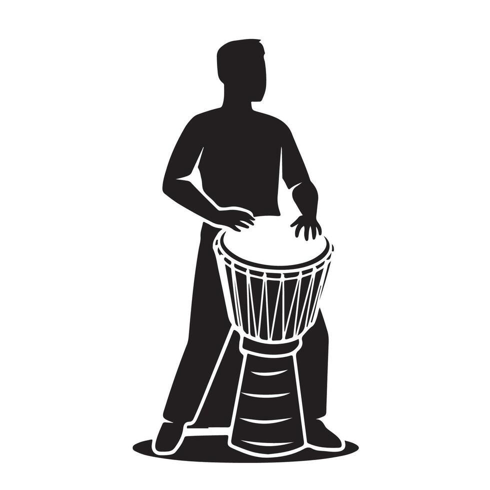 silhouette, person playing djembe drum, African percussion instrument, black and white illustration, minimalist design, rhythmic pose, musical performance vector