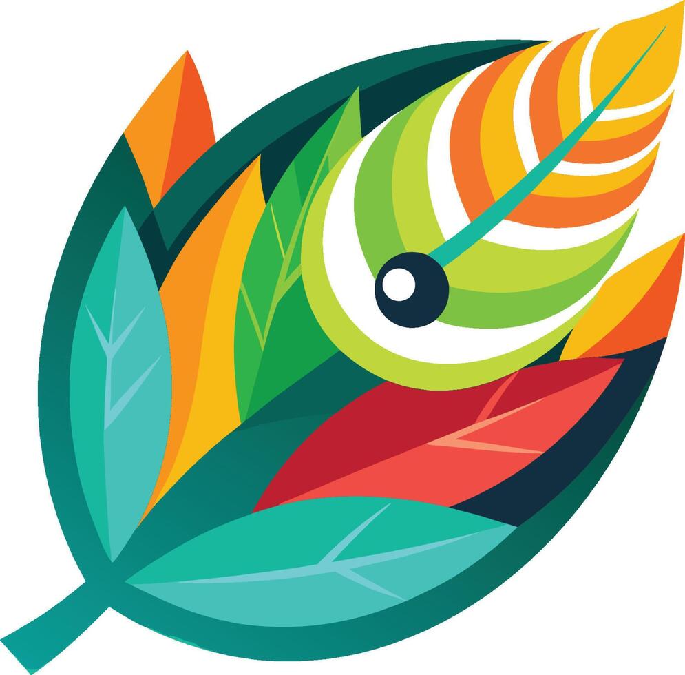 Colorful abstract leaf design, vibrant tropical foliage, geometric shapes, stylized nature illustration, teal and orange color palette, curved organic forms vector