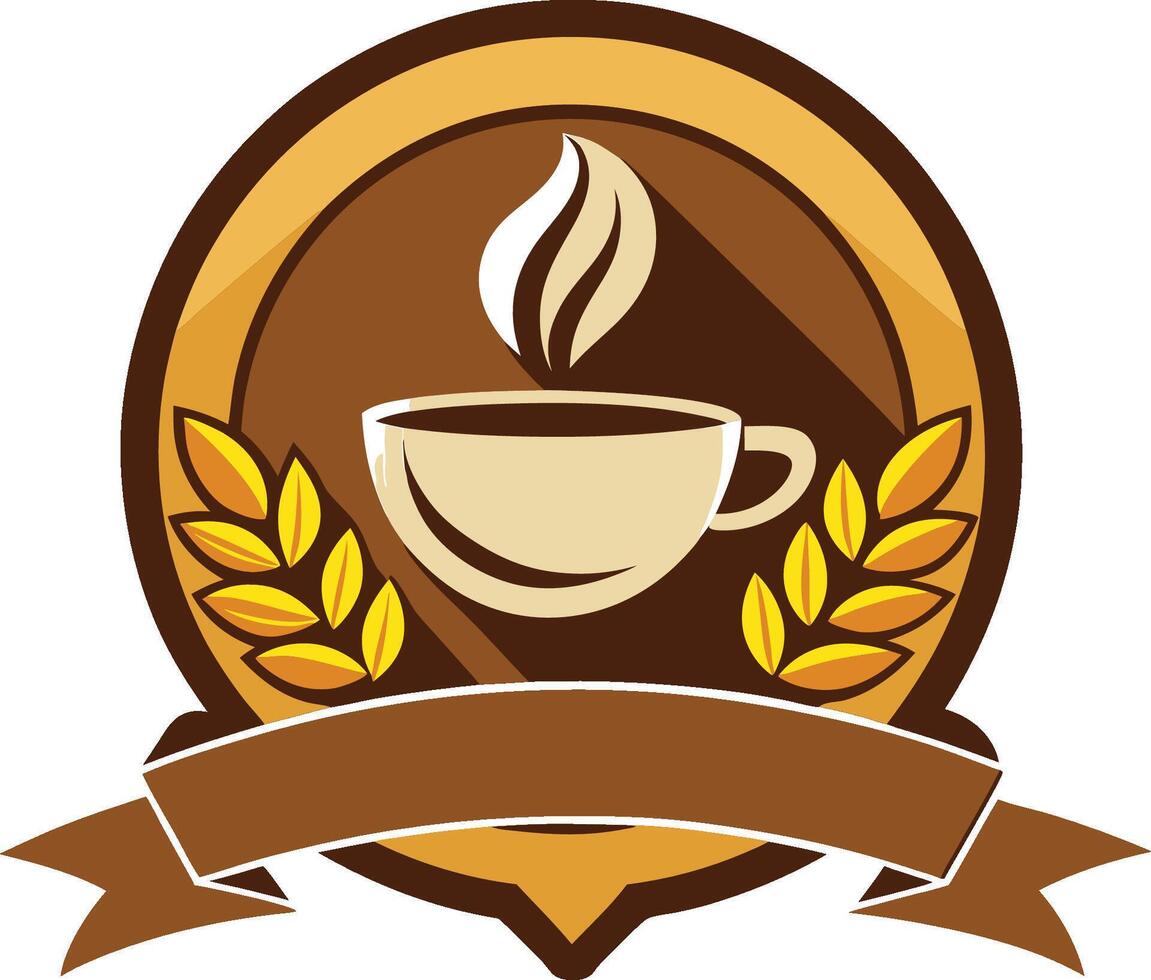 Coffee logo, steaming cup, wheat stalks, circular emblem, brown and gold colors, vintage style, flat design vector